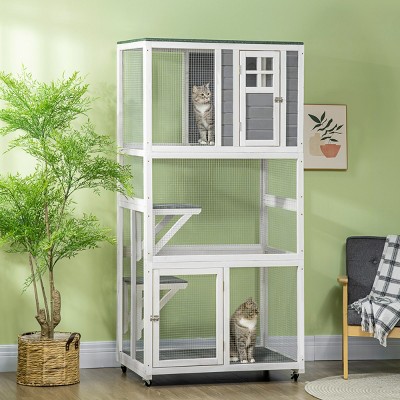 LAOTIES 74" Wooden Outdoor Cat House with Wheels,Weatherproof Catio Enclosure for 1–3 Cats,Large Cat Cage Condo with Platforms