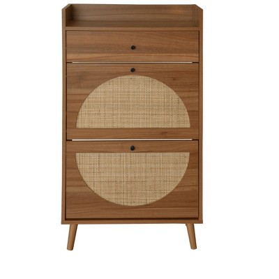 TIRAMISUBEST Walnut Rattan Rolling File Cabinet - Mobile Storage Organizer with Wheels for Home or Office