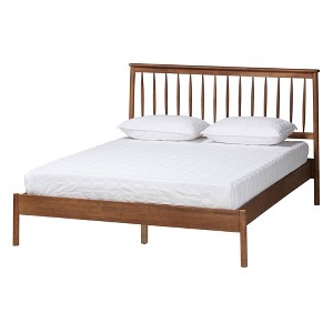 Agatis Wood Queen Size Bed Walnut Brown - Baxton Studio: Mid-Century Spindle Headboard, No Box Spring Needed - 1 of 4
