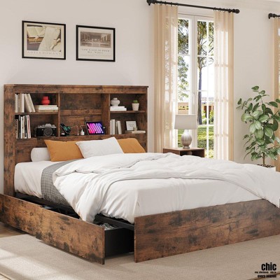 Jojoka Full/Queen Size Bed Frame with Bookcase Headboard, 4 Storage Drawers, Charging Station, Metal Support, No Box Spring Needed, Noise-Free