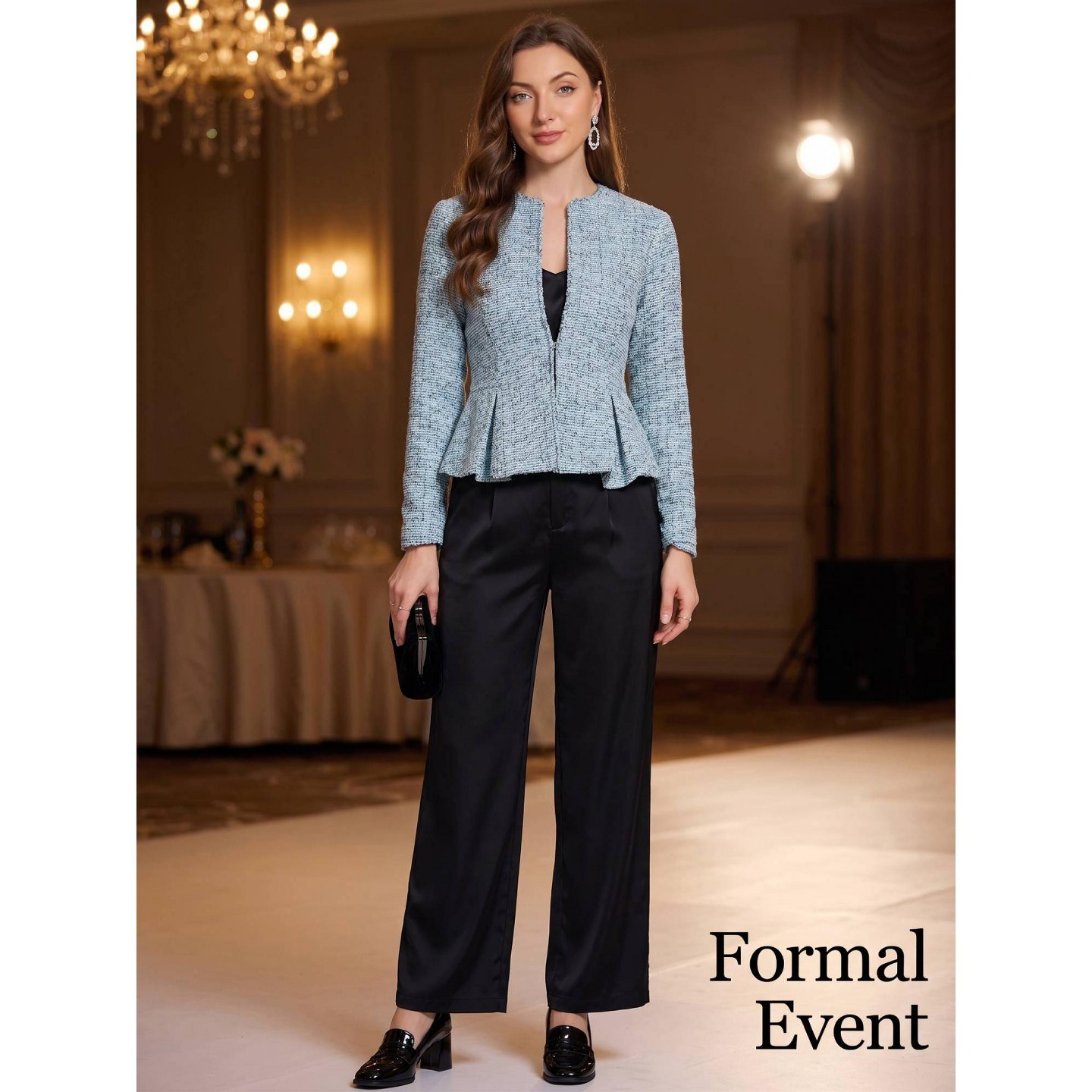 Женская куртка INSPIRE CHIC Tweed Collarless Long Sleeve Open Front Vintage At Hip Business Casual Blazer Jacket Medium Blue, цвет: Синий — фото 4