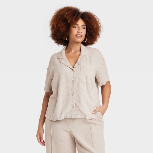 Women's Short Sleeve Button-Down Camp Shirt - A New Day™ Tan XS