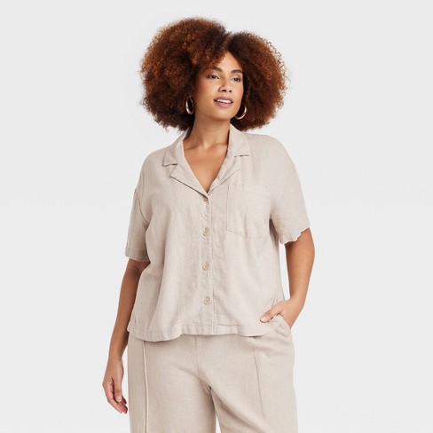 Women's Short Sleeve Button-down Camp Shirt - A New Day™ Tan Xs