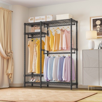 Black Heavy Duty Metal Garment Rack with Shelves and Hanging Rods