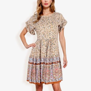 Anna-Kaci Women's Bohemian Floral Print Short Sleeve Swing Fashion Dress With Crew Neckline - 1 of 4