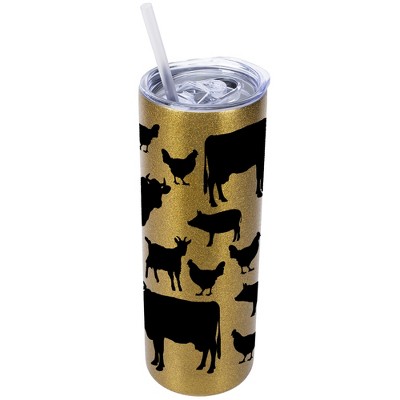 Elanze Designs Black Vegas Gold 20 Ounce Double Wall Stainless Steel Glitter Travel Tumbler With Sliding Lid And Straw, Farm Animals
