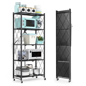 LunaLulinlk 5-Tier Storage Shelving Unit, Metal Shelf, Foldable Storage Shelf with Wheels, Kitchen Shelf with 4 Hooks, No Assembly Required - 1 of 4