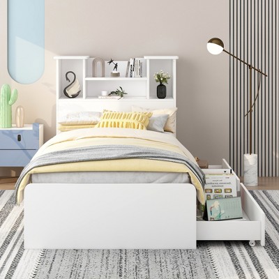 Twin Size Storage Platform Bed Frame with 4 Open Storage Shelves, 2 Storage Drawers, LED Light and Noise-Dampening Foam Tape, White/Gray-ModernLuxe