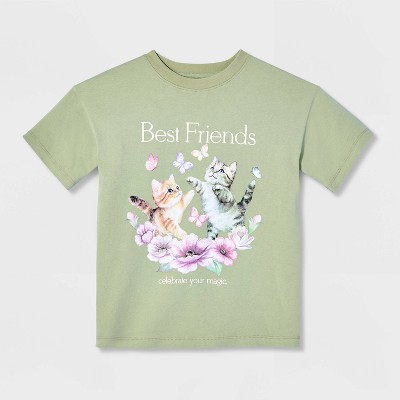 Cat & Jack Girls' Short Sleeve 100% Cotton 'Kitten Best Friends' Oversized Graphic T-Shirt - Cat & Jack™ Olive Green M — фото 2