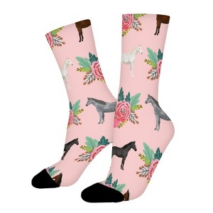 Horses Pink Florals Women Printed Crew Socks Funny Funky Socks Soft Polyester Novelty Gifts for Artists Men - 1 of 1