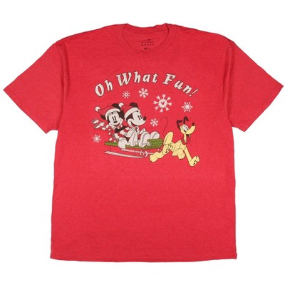 Seven Times Six Disney Men's Mickey Mouse Minnie Pluto Christmas Fun Adult T-Shirt Red
