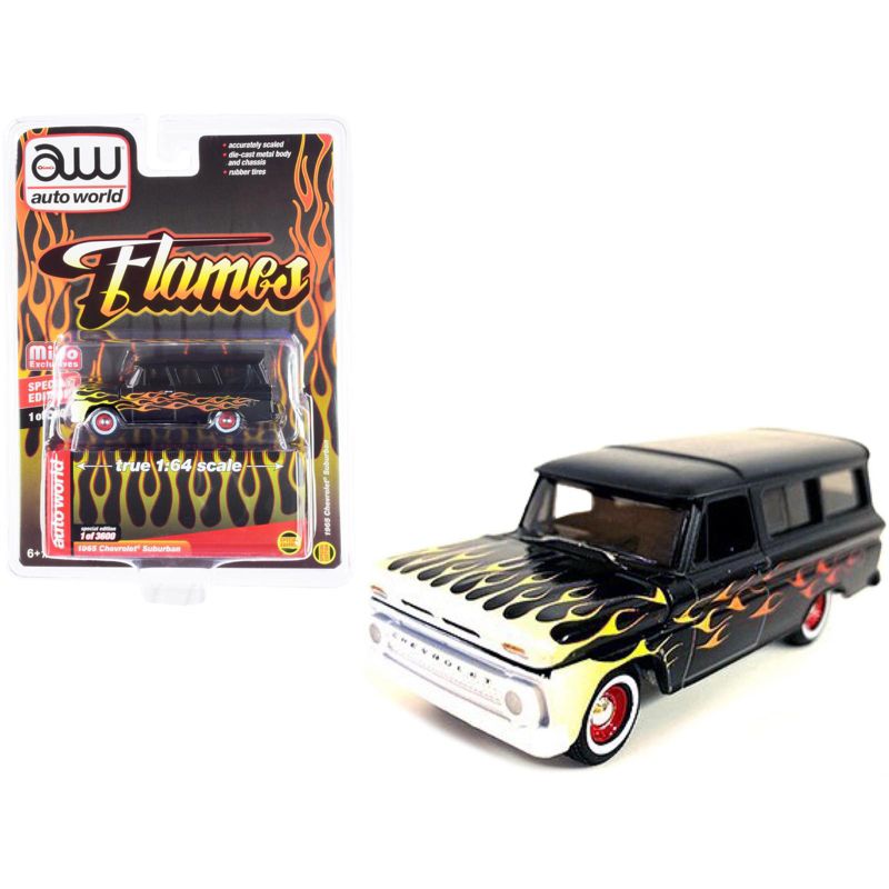 1965 Chevrolet Suburban Custom Matt Black with Flames Limited Edition to 3600 pieces 1/64 Diecast Model Car by Auto World, 1 of 4