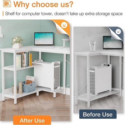 White Corner Computer Desk with Headphone Hook and Shelves