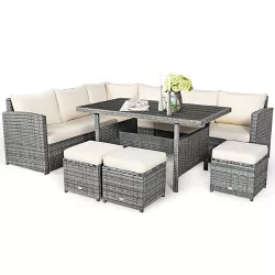 WELLFOR 7pc Steel Outdoor Dining Set with Ottomans White