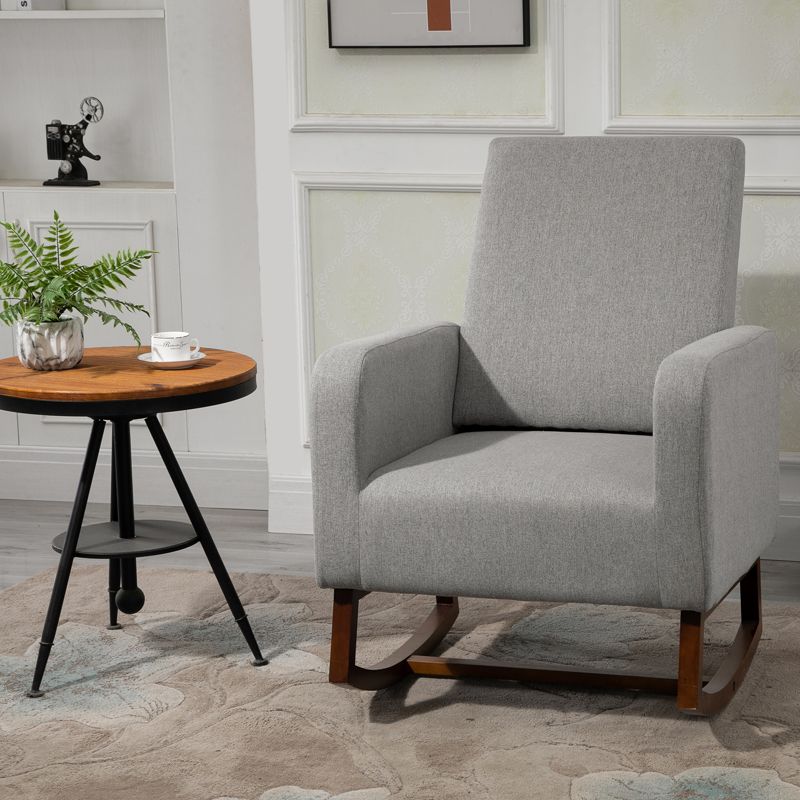 HOMCOM Accent Lounge Rocking Chair with Solid Curved Wood Base and Linen Padded Seat, 2 of 9