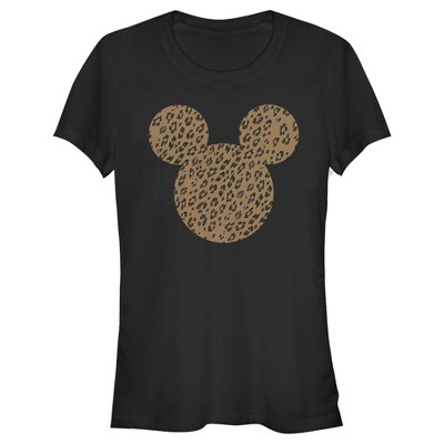 Junior's Mickey & Friends Cheetah Print Mickey Mouse Logo Distressed T-Shirt