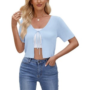 Womens Cropped Cardigan Tie Front Short Sleeve V Neck Tops Ribbed Knit Sweater Cardigan Open Front Cardigan Tie Front Soft Tops - 1 of 4