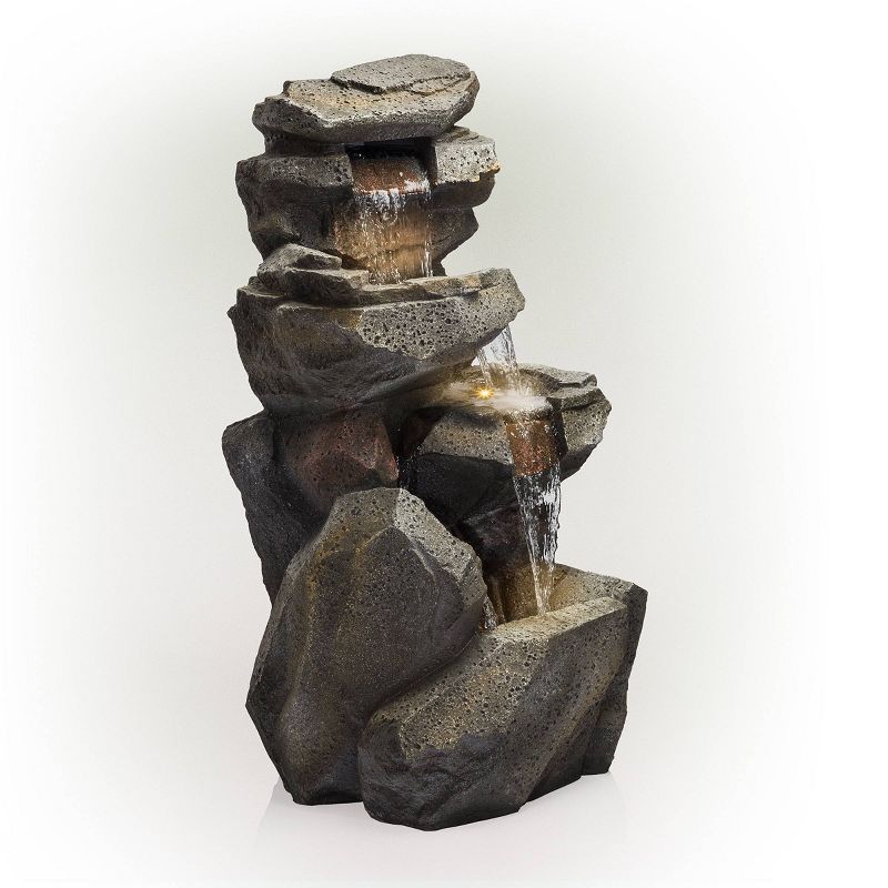 40&#34; Resin Rock 5-Tier Cascading Fountain with LED Lights Gray - Alpine Corporation, 4 of 8