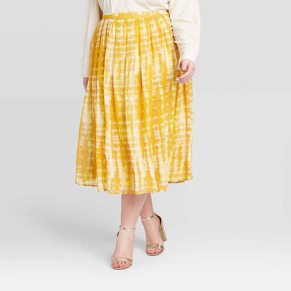 Women's Plus Size Tie-Dye Print Mid-Rise Flowy A-Line Midi Skirt - Who What Wear Yellow 22W was $29.99 now $20.99 (30.0% off)