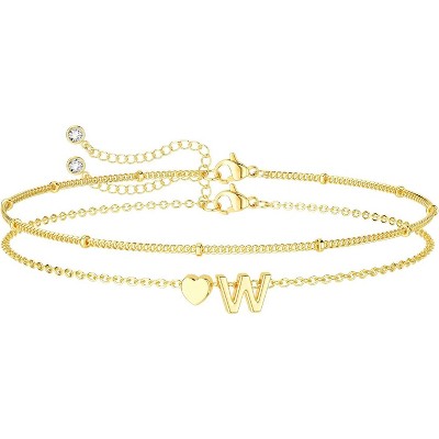 Dainty Initial Heart Gold Bracelets for Women Trendy, 14K Real Gold Letter Charm Bracelet Jewelry