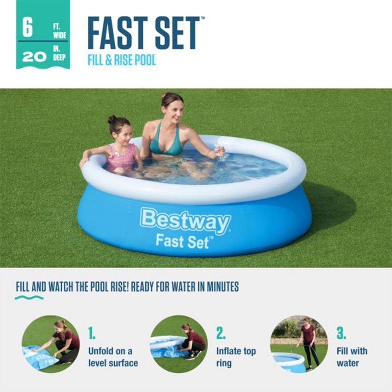 Bestway Fast Set 6 Foot x 20 Inch Round Inflatable Above Ground Outdoor Swimming Pool with 248 Water Capacity and Repair Patch, Blue (Pool Only), 3 of 10