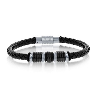 Metallo Mens Black & Silver Stainless Steel with Genuine Black Leather Bracelet - Black - 8.5 Inch - 1 of 4