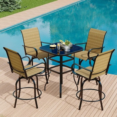 Outdoor Swivel Bar Set - High Top Glass Table & 2 Swivel Chairs, All-Weather Textile Fabric, Patio Bistro Set for Garden/Porch