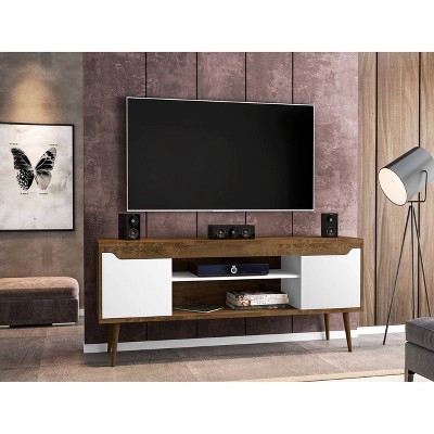 Rustic Brown and White Solid Wood 63" TV Stand with Cabinet Storage