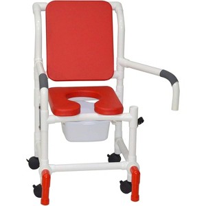 MJM International Corporation Shower chair 18 in width 3 in RED open seat RED cushion padded back dual arms 10 qt slide mode pail 300 lb wt - 1 of 1