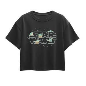 Girls' - The Mandalorian - Grogu Stickers Short Sleeve Boxy Graphic T-Shirt - 1 of 1