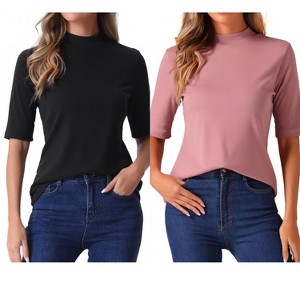 INSPIRE CHIC Women's Half Sleeve Casual Turtleneck Solid Elastic Soft T-Shirts 2 Packs - 1 of 4