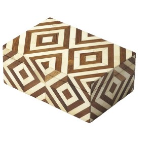 HomeRoots 12" Brown And Ivory Wood And Bone Inlaid Geometric Storage Box - 1 of 4