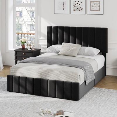 Linen Upholstered Platform Bed Frame with 4 Storage Drawers, Adjustable Headboard, Wooden Slats Support
