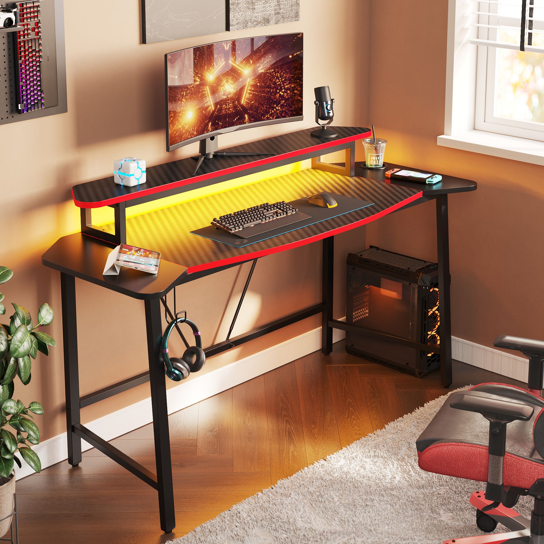 Bestier 63” Gaming Desk with Monitor Stand, LED Computer Desk with Cup Holder & Headset Hook, Gamer Workstation for Home Office, Black 3D Carbon Fiber