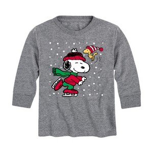 Boys' - Peanuts - Snoopy and Woodstock Christmas Skating Long Sleeve Graphic T-Shirt - 1 of 4