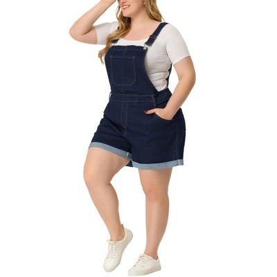 Agnes Orinda Women's Plus Size Adjustable Strap Pocket Roll Hem Denim Overall Jean Shorts