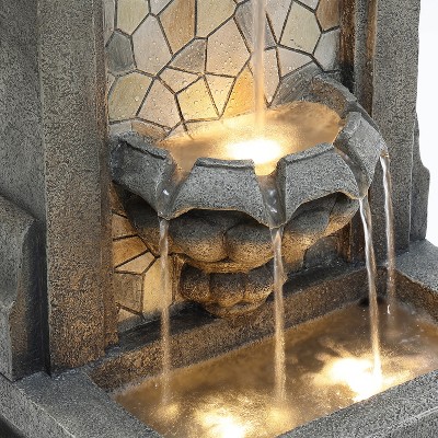 LuxenHome 27" Gray Resin Mosaic Tile Outdoor Water Fountain with Lights