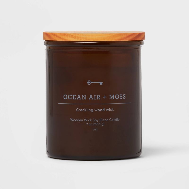 Amber Glass Ocean Air and Moss Lidded Wooden Wick Jar Candle 9oz - Threshold&#8482;, 1 of 4