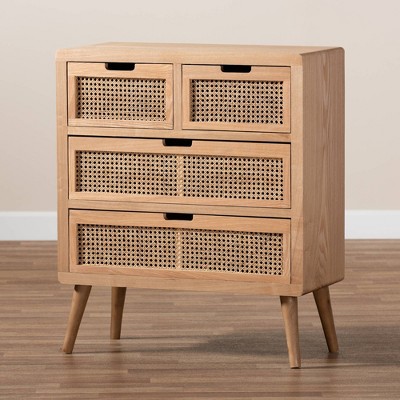 Mid-Century Medium Oak Wood & Rattan 4-Drawer Chest