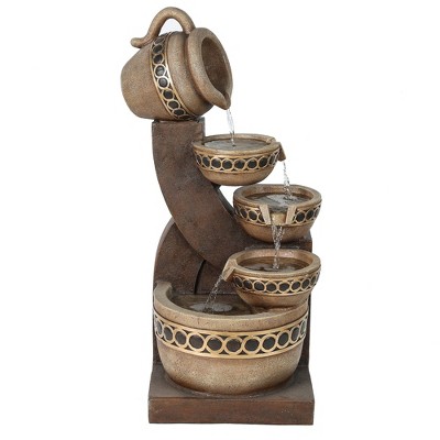 LuxenHome 30" Tall 4 Tired Jug & Bowl Resin Water Fountain Outdoor and Indoor Water Feature with Cascading Water Flow Brown