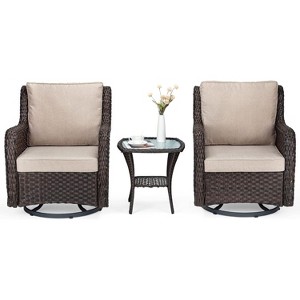 3-Piece Outdoor Wicker Bistro Set with 360 Swivel Rocking Chairs, Includes Premium Cushions and Armored Glass Top Side Table, Perfect Patio Furniture - 1 of 4