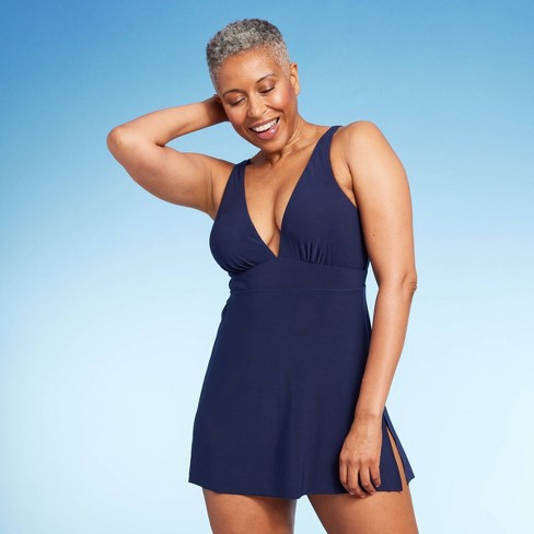 Women's Upf 50 V-neck Side Slit One Piece Swimsuit - Aqua Green® Navy Blue  S : Target