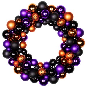Northlight Jack-O-Lanterns Shatterproof Ball Ornament Halloween Wreath - 24" - Unlit - 1 of 4