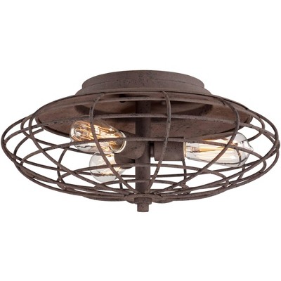 Franklin Iron Works Industrial Ceiling Light Flush Mount Fixture LED Dark Rust Caged 18 1/2" Wide 3-Light for Bedroom Kitchen