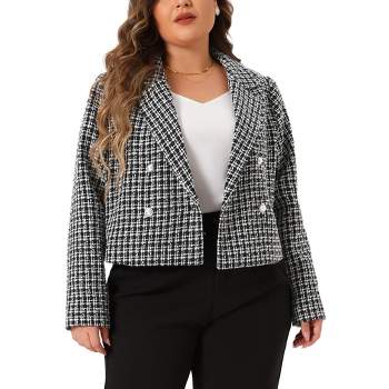 Agnes Orinda Women's Plus Size Notched Lapel Long Sleeve Plaid Tweed Blazers