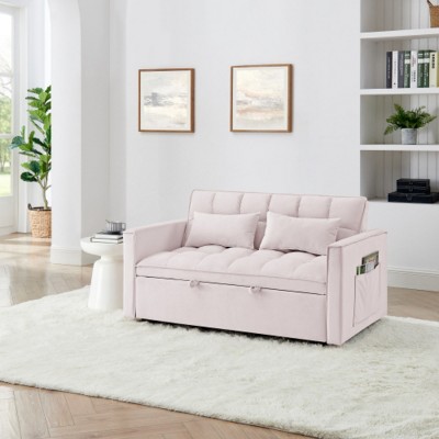 54.33" Modern Convertible Sleeper Sofa Bed with Adjustable Back, Compact Pull-Out Velvet Loveseat for Small Apartments or Offices–The Pop Home