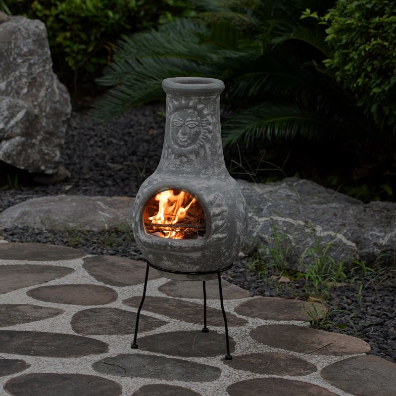 Vintiquewise Outdoor Clay Chiminea Fireplace Sun Design Wood Burning Fire Pit with Sturdy Metal Stand, Barbecue, Cocktail Party, Cozy Nights Fire Pit, 2 of 8