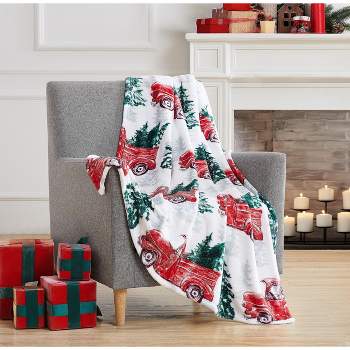 Kate Aurora Snowy Christmas Trees & Red Pick Up Trucks Holiday Accent Throw Blanket - 50" x 60"