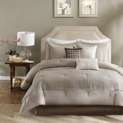7 Pcs Elegant Charmeuse Stripe Print Comforter Set,All Season Bedding Set,Cozy Home Textile fits Lux Bedroom Decor,Matching Bed Skirt & Pillows