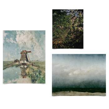 Americanflat 3 Piece Vintage Gallery Wall Art Set - Woman In A Storm, Windmill On The Water, Camouflaged Peacock by Maple + Oak